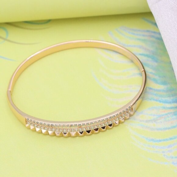 Rose Gold Bangle with Dual CZ Rows and Stud Detail, XPBL0539 - Picture 2 of 12